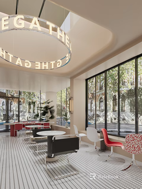 Gather Restaurant Dining Space Featuring Large Windows Street View Red White Chairs And Green Plants 3d model 