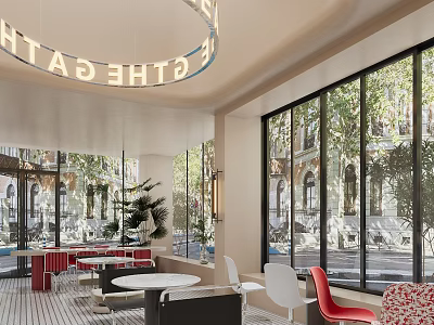 Gather Restaurant Dining Space Featuring Large Windows Street View Red White Chairs And Green Plants 3d model
