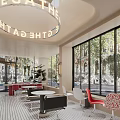 Gather Restaurant Dining Space Featuring Large Windows Street View Red White Chairs And Green Plants
