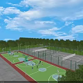 Outdoor Sports Facility With Basketball Courts Green Surfaces Fences Trees And Blue Sky