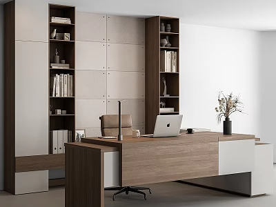 Modern Study Room Desk And Chair Set With Wooden Table Laptop And Bookshelf 3d model