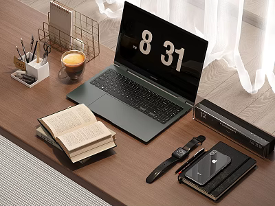 Modern Laptop Displaying Time on Wooden Desk with Open Book Coffee Cup and Workspace Items 3d model