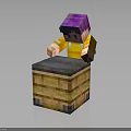 Minecraft Style Character With Purple Hair And Yellow Shirt Interacting With Wooden Chest