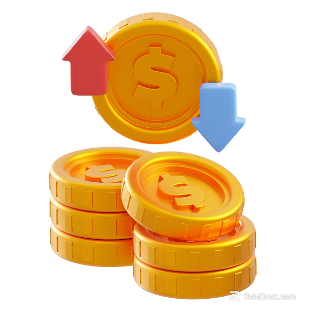 Decorative Ornament Set Featuring Stacked Gold Coins Dollar Signs Red And Blue Arrows 3d model 