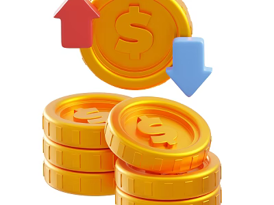 Decorative Ornament Set Featuring Stacked Gold Coins Dollar Signs Red And Blue Arrows 3d model