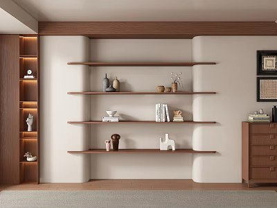 Modern Sofa Background Wall Design With Wooden Shelves And Decorative Items 3d model