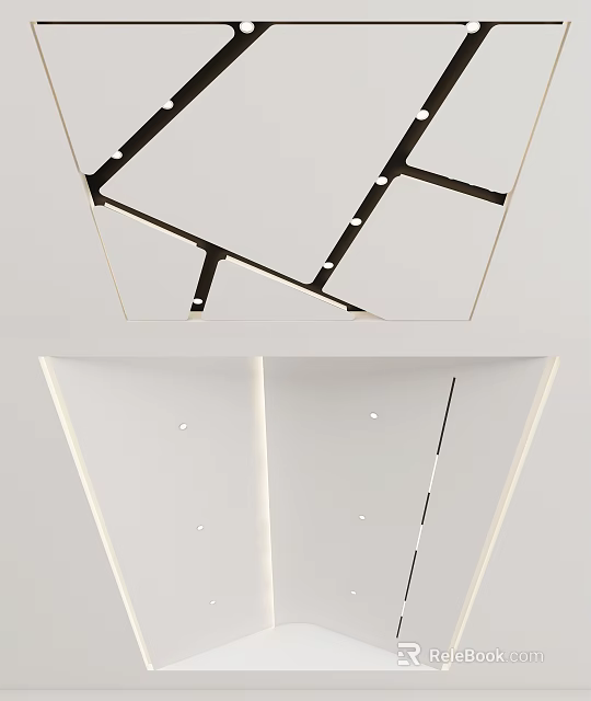 Modern Interior Ceiling Design With White Panels Black Lines And Recessed Lights 3d model 