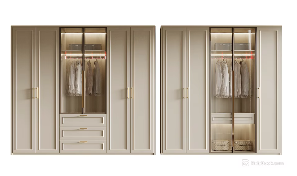 Modern Light Colored Wardrobe With Glass Door Golden Handles Drawers And Hanging Clothes 3d model 