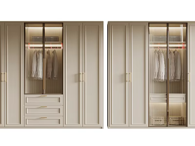 Modern Light Colored Wardrobe With Glass Door Golden Handles Drawers And Hanging Clothes 3d model