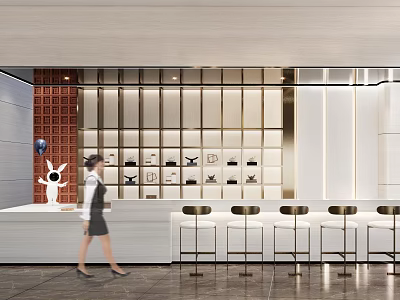 Modern Sales Office Interior With Reception Desk Display Shelves And Bar Stools 3d model