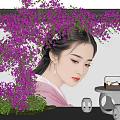 Charming Traditional Photo Spot With Purple Flowers Ancient Figure Wall And Stools