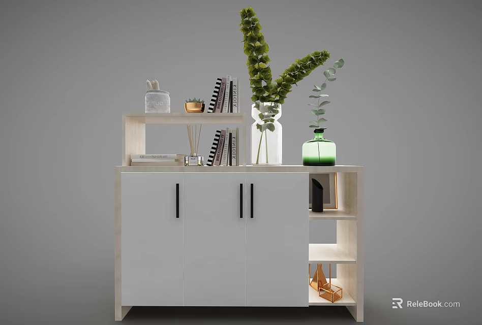 Modern White Decorative Cabinet With Double Doors Open Shelves And Green Plants 3d model 