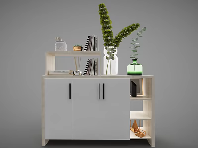 Modern White Decorative Cabinet With Double Doors Open Shelves And Green Plants 3d model