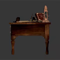 Vintage Wooden Desk with Drawers Old Books Papers Inkwell and Copper Lantern
