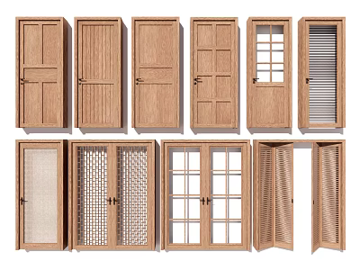 Wooden Hinged Doors With Various Designs Including Glass Panels Louvered Grids and Panel Styles 3d model
