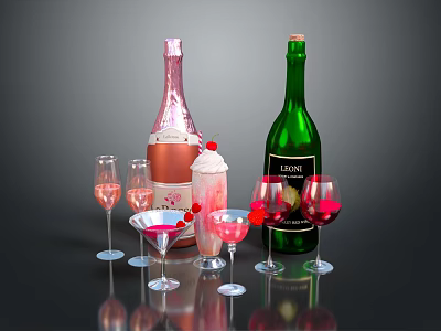 Elegant Rose And Red Wine Bottles With Wine Glasses Dessert And Strawberries On Black Background 3d model