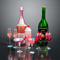 Elegant Rose And Red Wine Bottles With Wine Glasses Dessert And Strawberries On Black Background