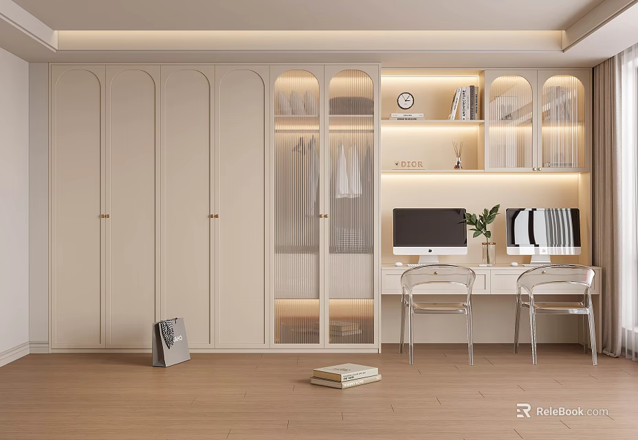 Modern Study Room Interior With Desks Computers Plants And Storage Cabinets 3d model