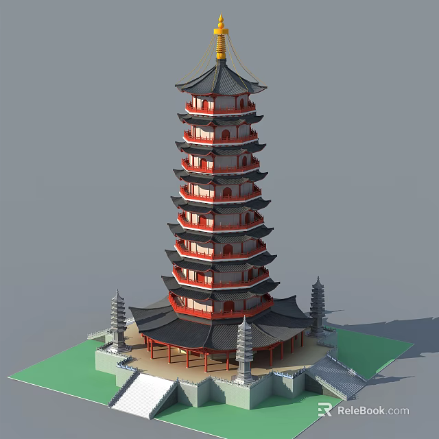 Traditional Ancient Chinese Pagoda Featuring Multi Story Design Curved Eaves And Red Black Architecture 3d model 