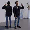 Men In Black Blazers White Shirts Blue Jeans Making Peace Sign By Vase With Plants