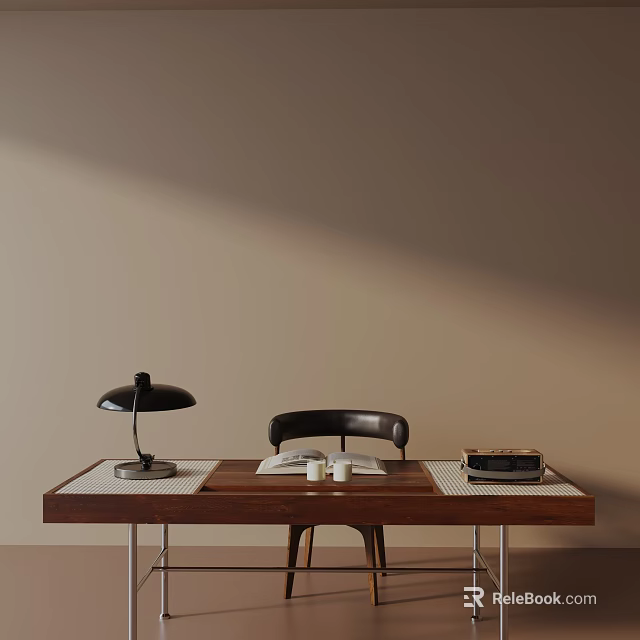 Brown Wooden Dining Table Set With Black Chair Lamp White Cups And Radio 3d model 