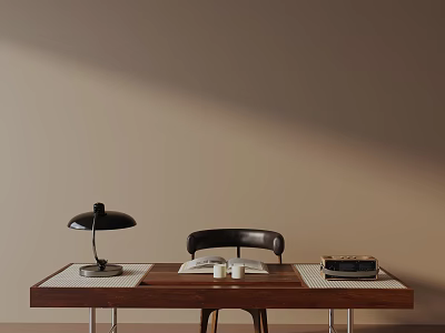 Brown Wooden Dining Table Set With Black Chair Lamp White Cups And Radio 3d model