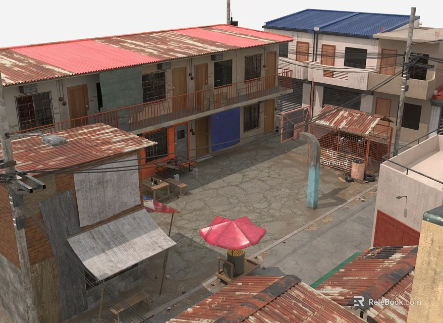 Traditional Commercial Street With Rusted Red Blue Roofs Open Courtyard And Small Stalls 3d model 