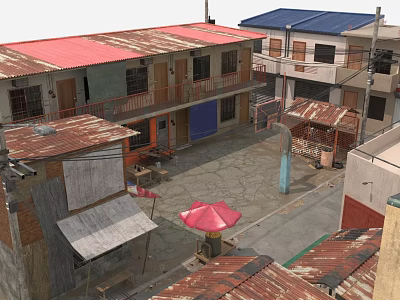 Traditional Commercial Street With Rusted Red Blue Roofs Open Courtyard And Small Stalls 3d model