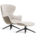 Stylish Modern Beige Accent Chair With Ottoman And Black Metal Swivel Base