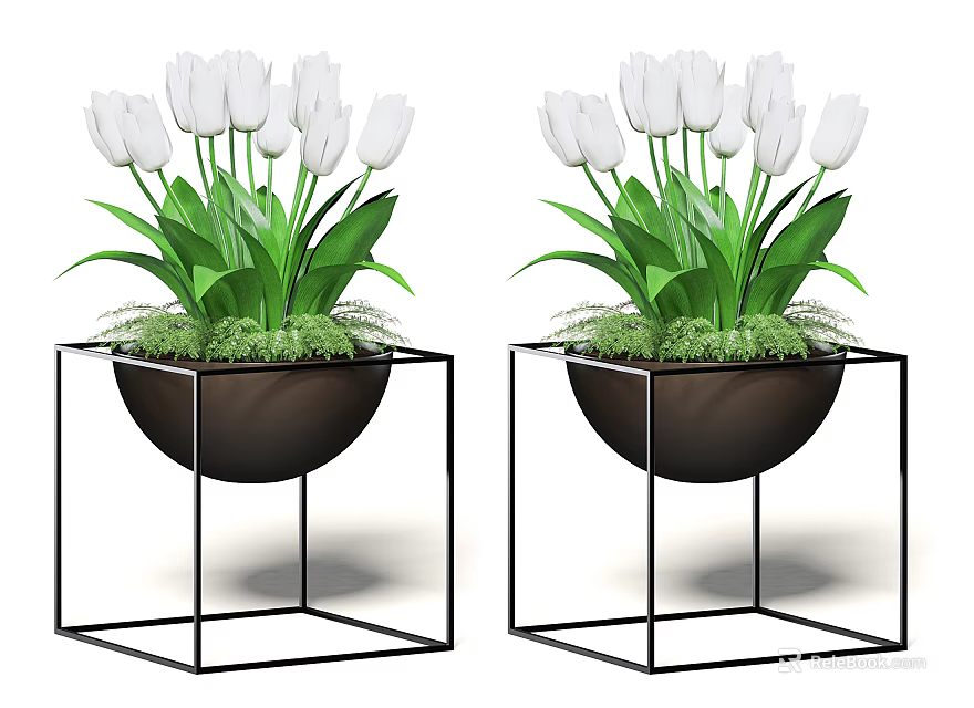 Two Potted Plants With White Flowers And Green Leaves In Black Pots On Metal Stands 3d model 