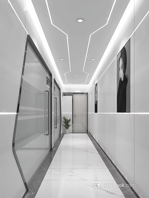 Modern Corridor Interior Design With Glass Doors Elevator Door Wall Paintings And Green Plant 3d model 