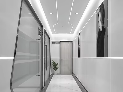 Modern Corridor Interior Design With Glass Doors Elevator Door Wall Paintings And Green Plant 3d model