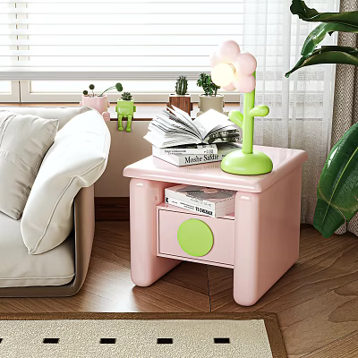 Cute Pink Nightstand With Green Flower Lamp And Open Books In Cozy Room 3d model