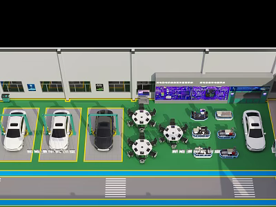 Modern Automobile Service Workshop Layout With Green Floor Multiple Vehicles And Circular Equipment 3d model