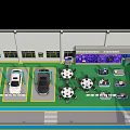 Modern Automobile Service Workshop Layout With Green Floor Multiple Vehicles And Circular Equipment