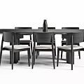 Modern Rectangular Black Dining Table With Six Black Chairs And Light Colored Seat Cushions 3d model