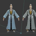 Elderly Man In Traditional Blue Robe With Yellow Accents And White Hair Topknot