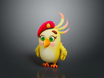 Cute Cartoon Bird Character With Yellow Body Red Hat Green Eyes And Orange Feather Decorations 3d model
