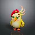 Cute Cartoon Bird Character With Yellow Body Red Hat Green Eyes And Orange Feather Decorations
