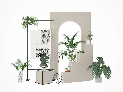 Modern Floral Display With Green Plants Archway Metal Stand And Decorative Setup 3d model