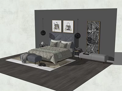 Double Bed With Grey Headboard Beige Bedding Nightstands Table Lamps And Wall Art 3d model