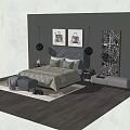 Double Bed With Grey Headboard Beige Bedding Nightstands Table Lamps And Wall Art