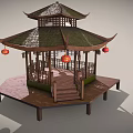 Traditional Chinese Pavilion With Multi Tiered Green Tiled Roof Red Lanterns And Wooden Railings
