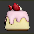 Square Cake With Pink Dripping Frosting Topped With Strawberry And White Cream