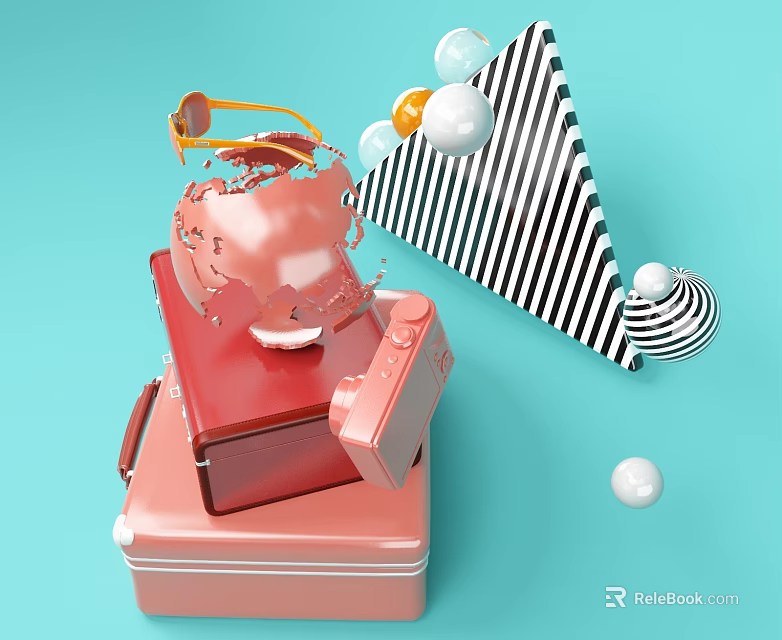 Stylish Business Equipment Featuring Stacked Suitcases Globe Colorful Spheres And Striped Design 3d model 