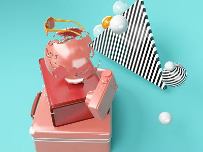 Stylish Business Equipment Featuring Stacked Suitcases Globe Colorful Spheres And Striped Design 3d model