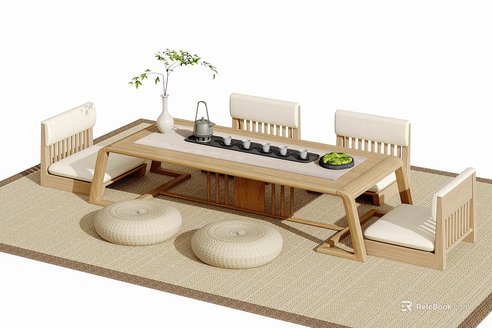 Natural Style Wooden Tea Table and Chairs with Floor Cushions Vase and Tea Set 3d model 