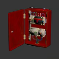 Red Electrical Control Box with Open Door and Internal Components Switches Indicators 3d model
