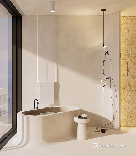 Modern Minimalist Bathroom Interior Design With Freestanding Bathtub Wall Mirror And Lighting Fixtures 3d model 
