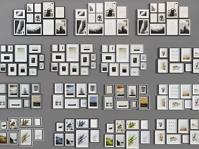 Various Size Photo Frames With Different Designs And Decorative Art Arranged On Gray Background 3d model